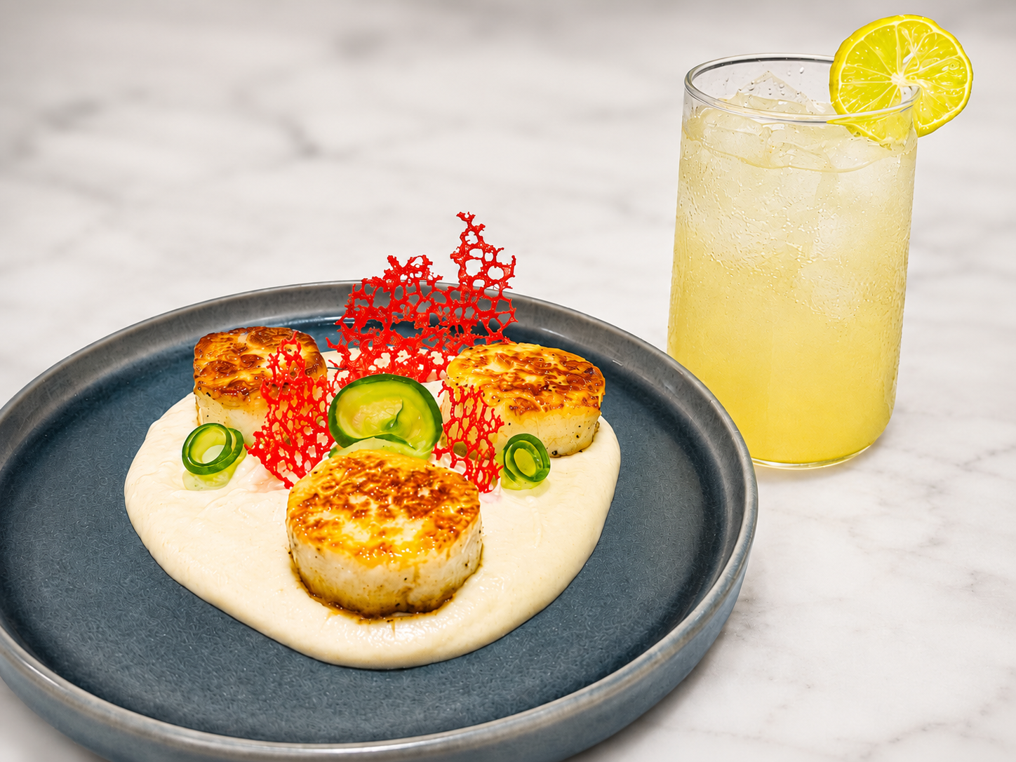 A fine-dining plate of paneer medallions over cauliflower purée with coral tuiles, served with a lychee-elderflower mocktail